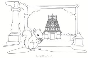 One-line continuous drawing of a baby squirrel in a temple veranda with a temple gopuram in the background