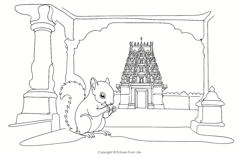 One-line continuous drawing of a baby squirrel in a temple veranda with a temple gopuram in the background