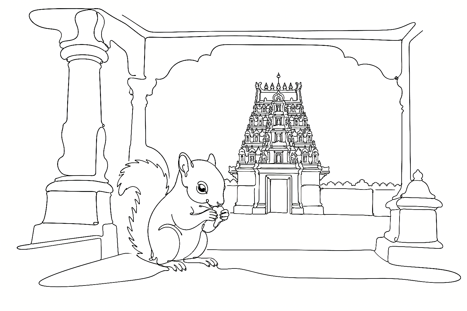 One-line continuous drawing of a baby squirrel in a temple veranda with a temple gopuram in the background
