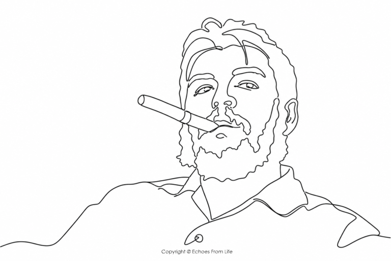 One-line continuous drawing of Che Guevara with a cigar, based on an iconic black-and-white photograph, featured in the essay "I Am Intolerant".