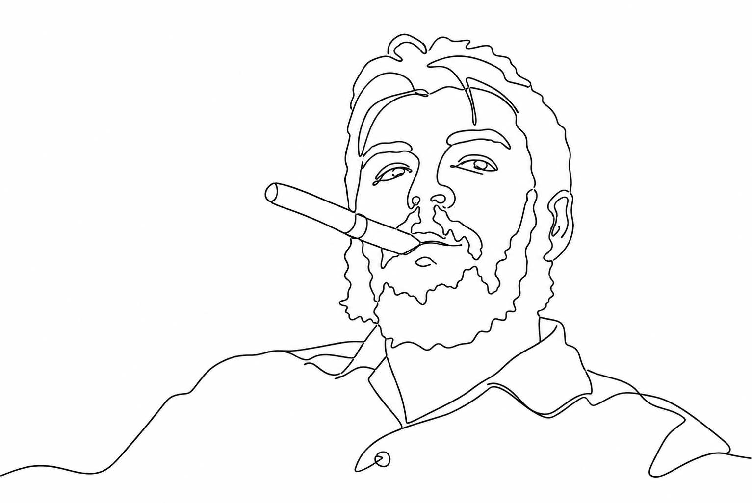 One-line continuous drawing of Che Guevara with a cigar, based on an iconic black-and-white photograph, featured in the essay "I Am Intolerant".
