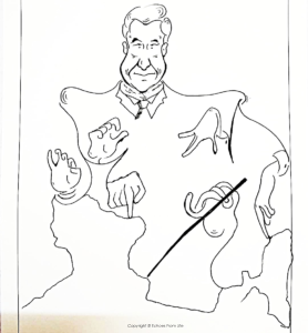 Black-and-white line drawing of a political figure representing China looming over a map, with outstretched hands extending toward neighboring regions, symbolizing China's growing geopolitical influence and strategic presence in South Asia.