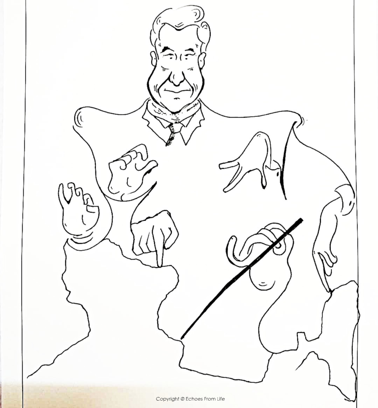 Black-and-white line drawing of a political figure representing China looming over a map, with outstretched hands extending toward neighboring regions, symbolizing China's growing geopolitical influence and strategic presence in South Asia.