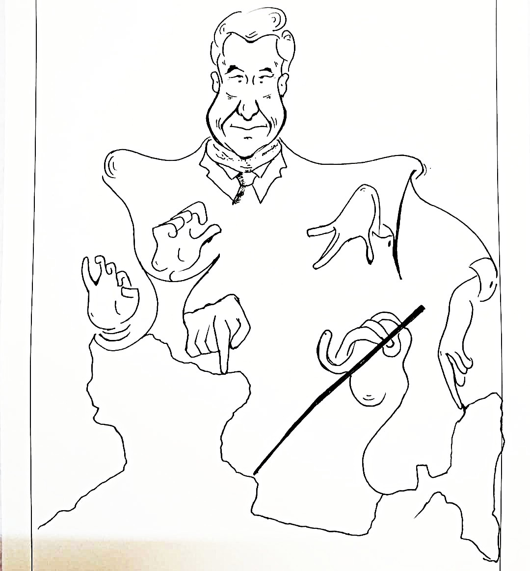Black-and-white line drawing of a political figure representing China looming over a map, with outstretched hands extending toward neighboring regions, symbolizing China's growing geopolitical influence and strategic presence in South Asia.