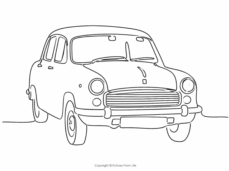 One-line continuous drawing of a classic Hindustan Ambassador car viewed from the front, illustrating the iconic Indian automobile discussed in the article Who Killed the Ambassador?.