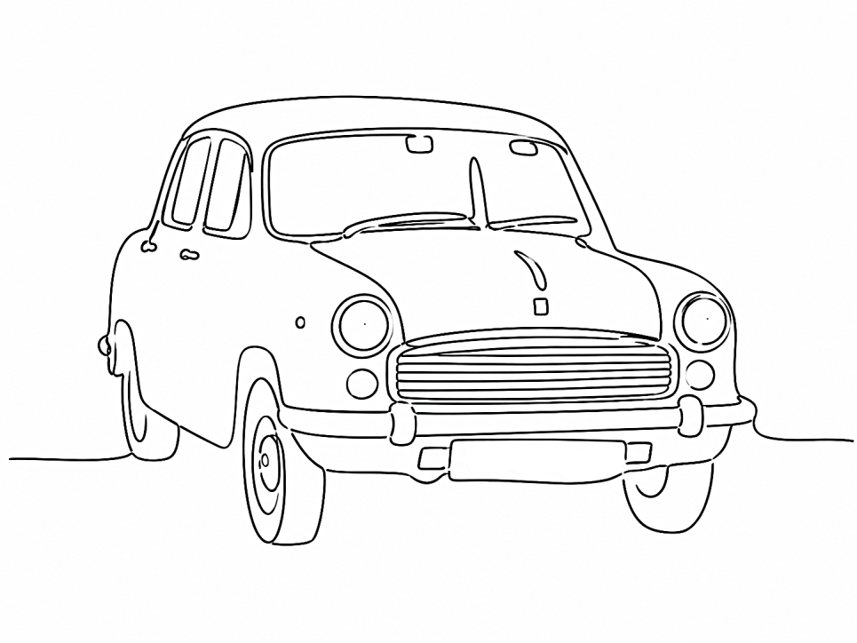 One-line continuous drawing of a classic Hindustan Ambassador car viewed from the front, illustrating the iconic Indian automobile discussed in the article Who Killed the Ambassador?.