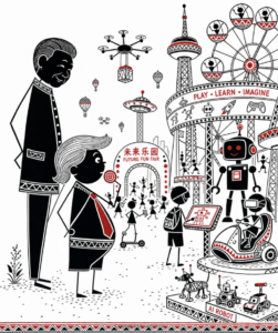 Editorial illustration depicting Xi Jinping as an elderly observer and Donald Trump as a child with a lollipop, captivated by a futuristic Chinese spectacle symbolizing China's rise as a global superpower.