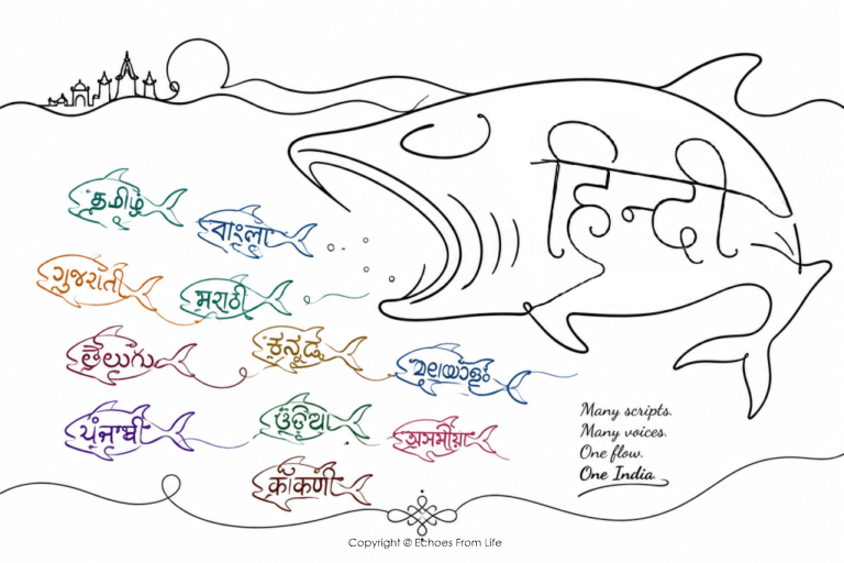 One-line continuous drawing of a large fish shaped by the Hindi script pursuing smaller fish formed from Tamil, Kannada, Telugu, Bengali, Gujarati, Malayalam, Punjabi, Odia, and other Indian language scripts, symbolizing concerns over Hindi imposition and the preservation of linguistic identities.