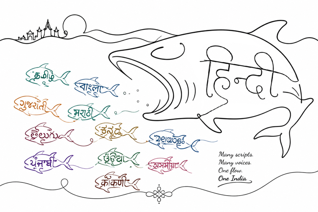 One-line continuous drawing of a large fish shaped by the Hindi script pursuing smaller fish formed from Tamil, Kannada, Telugu, Bengali, Gujarati, Malayalam, Punjabi, Odia, and other Indian language scripts, symbolizing concerns over Hindi imposition and the preservation of linguistic identities.