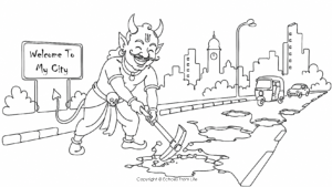 Continuous line drawing of the demon Raktabeejasura digging potholes on a Bengaluru city road, with multiple craters, vehicles, and a city skyline in the background, representing the persistence of pothole problems.