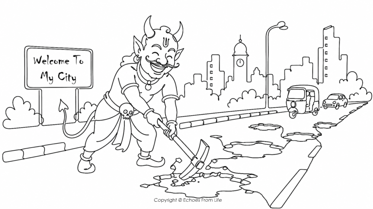 Continuous line drawing of the demon Raktabeejasura digging potholes on a Bengaluru city road, with multiple craters, vehicles, and a city skyline in the background, representing the persistence of pothole problems.