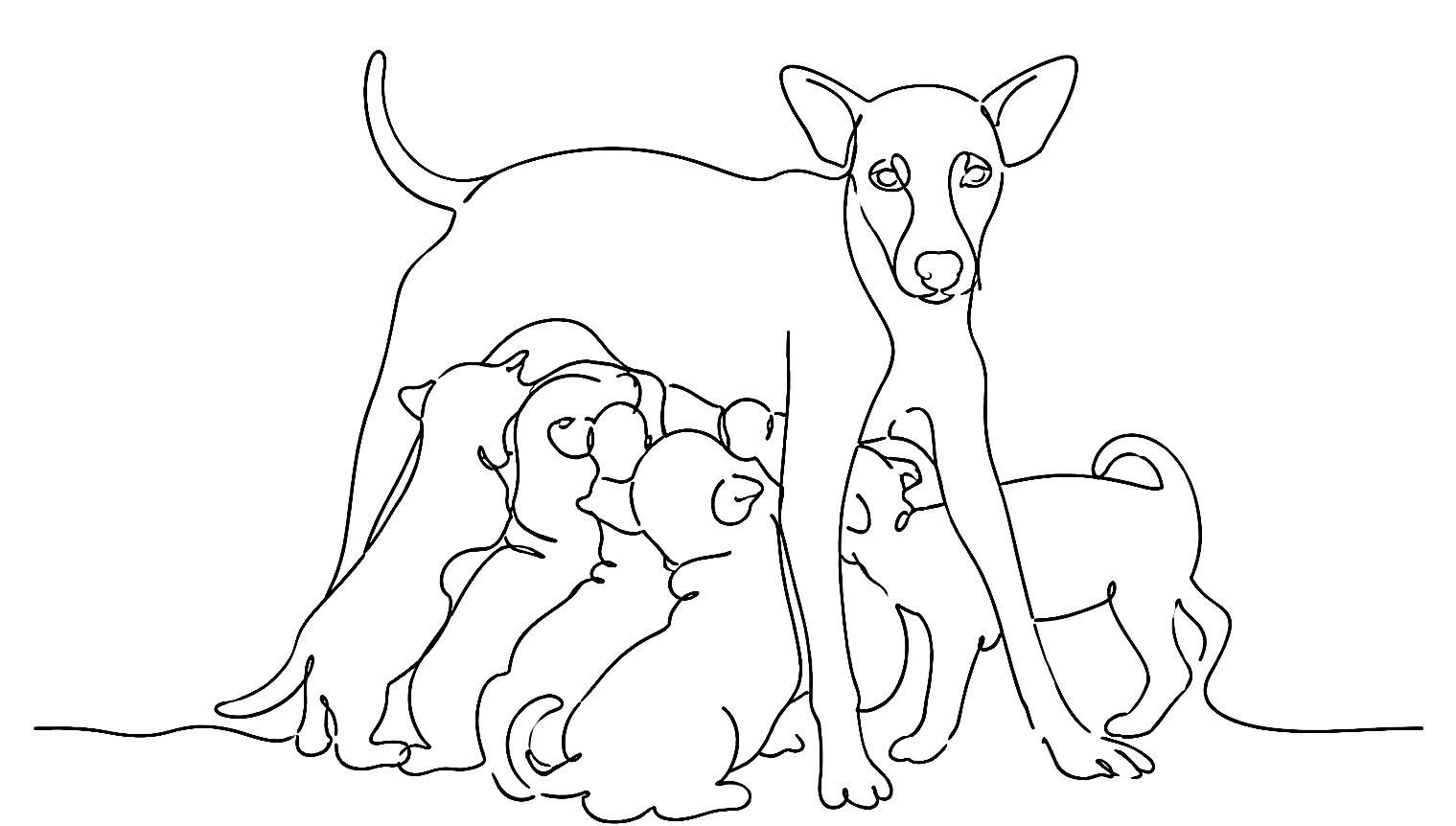 Minimalist one-line continuous drawing of a mother dog standing protectively over five nursing puppies, symbolizing care, resilience, and the struggle for survival in The Rain, The Gutter and the Five Little Souls.