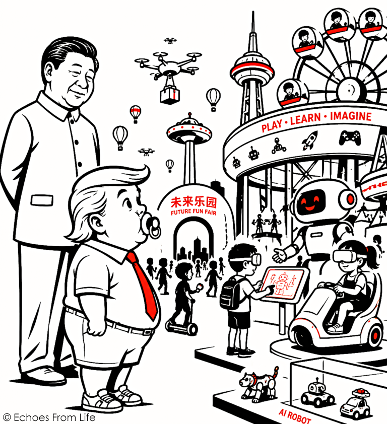 Editorial illustration depicting Xi Jinping as an elderly observer and Donald Trump as a child with a lollipop, captivated by a futuristic Chinese spectacle symbolizing China's rise as a global superpower.