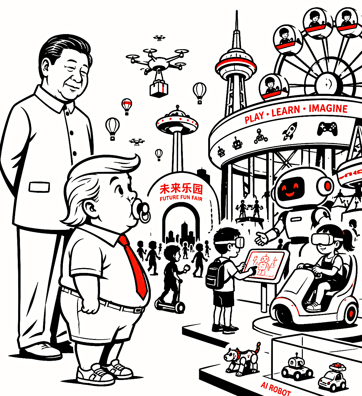 Editorial illustration depicting Xi Jinping as an elderly observer and Donald Trump as a child with a lollipop, captivated by a futuristic Chinese spectacle symbolizing China's rise as a global superpower.