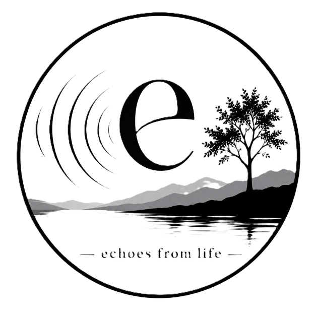 Echoes from life logo. It shows waves, water flowing and in the background is a serene mountain and tree.