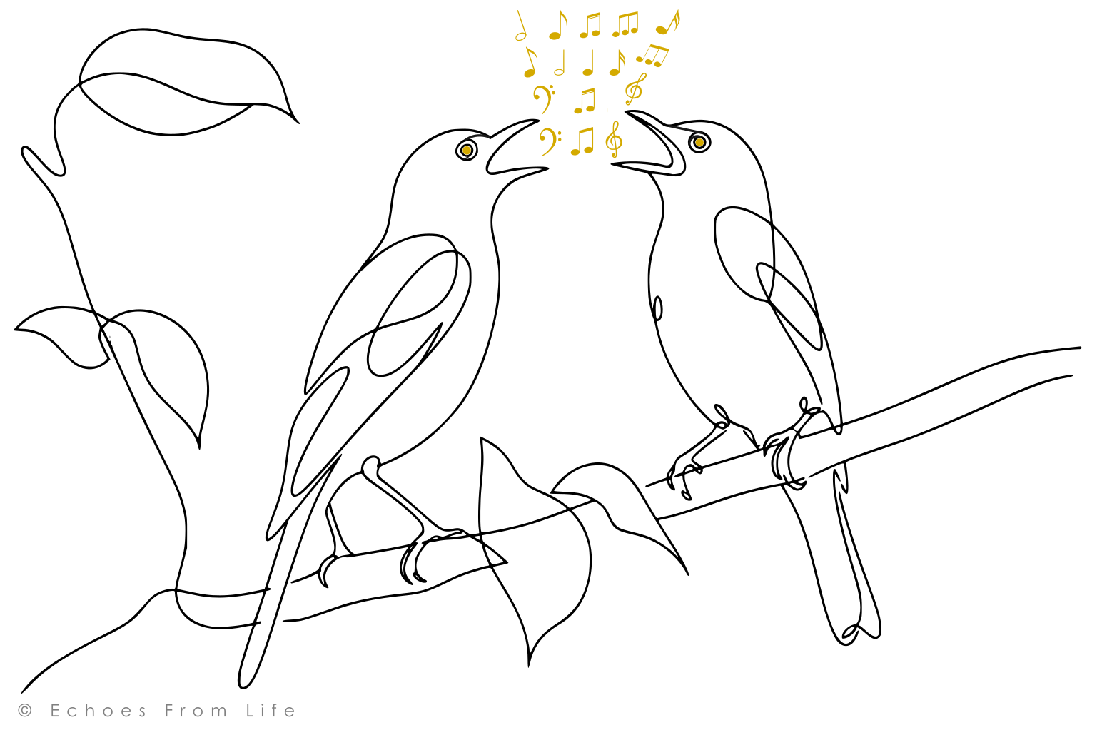 One-line art of two nightingales singing to each other, illustrating a reflection on language, identity and the legacies of Lata Mangeshkar and S. Janaki.