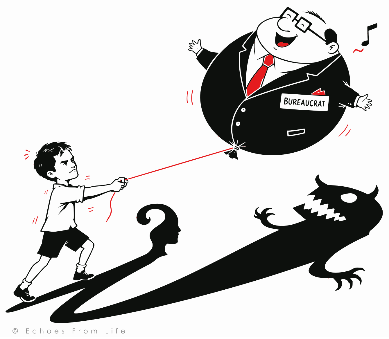 A graphical illustration of Krishna Byre Gowda as a young boy pulling a smiling bureaucrat-shaped balloon while his shadow forms a question mark and the balloon casts a monster-like shadow.