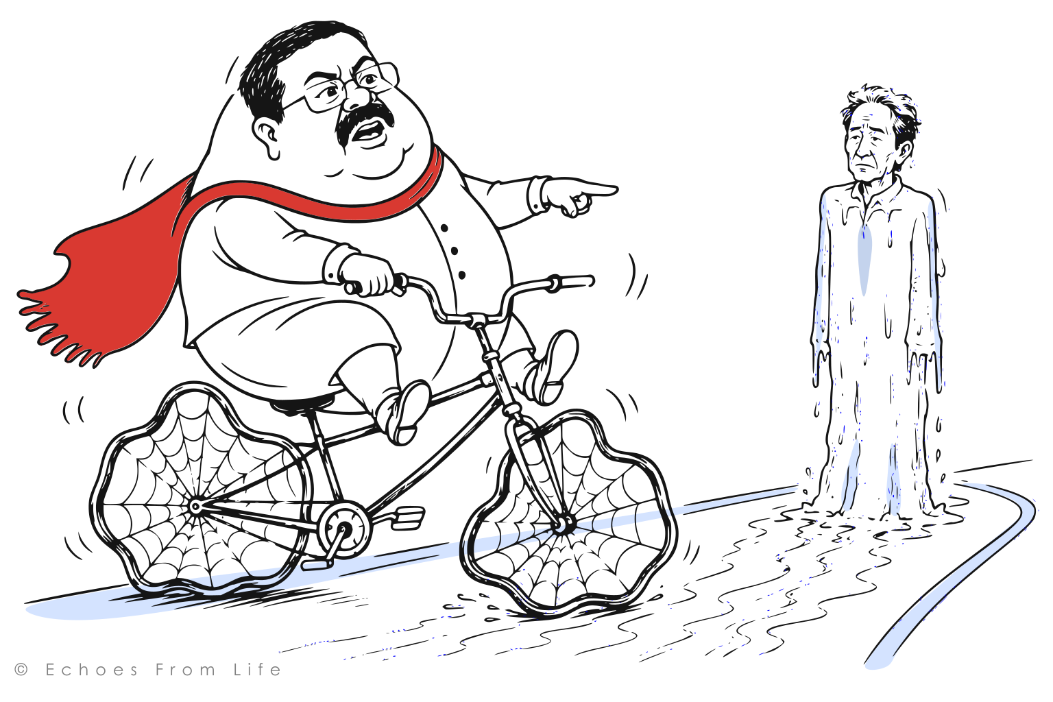Minimalist black, white and red line art of an oversized education minister riding a broken bicycle with cobweb wheels while blaming melting water from a glacier resembling Sonam Wangchuk for losing balance.