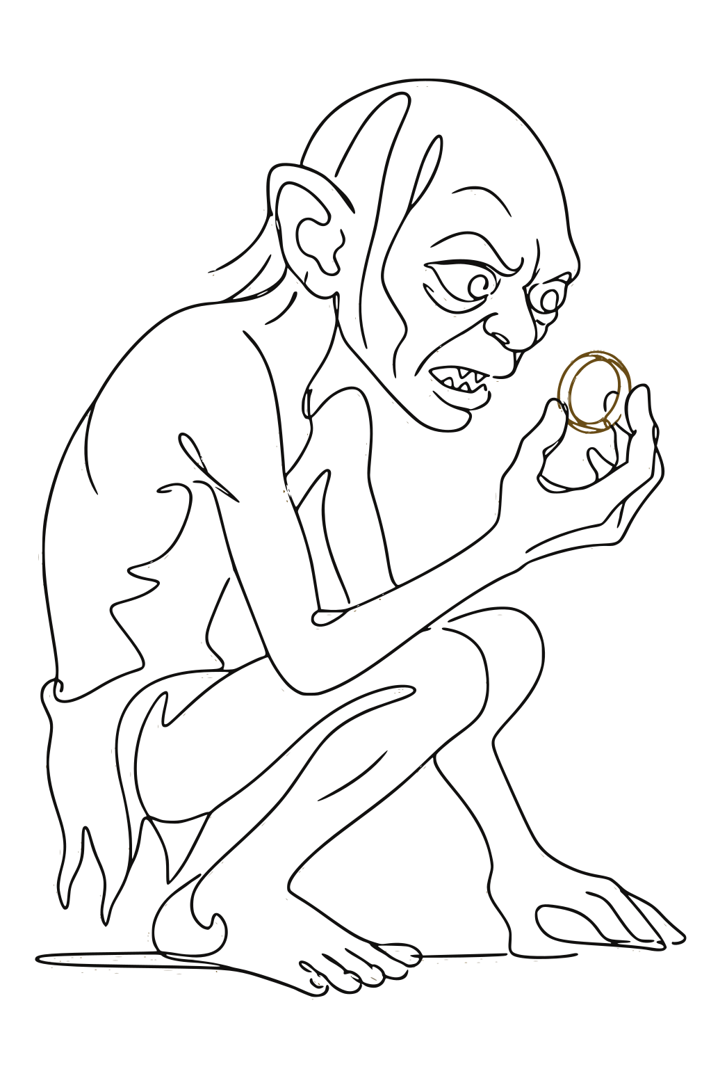 One-line continuous drawing of a gaunt figure staring obsessively at a golden ring, symbolizing human greed and obsession.