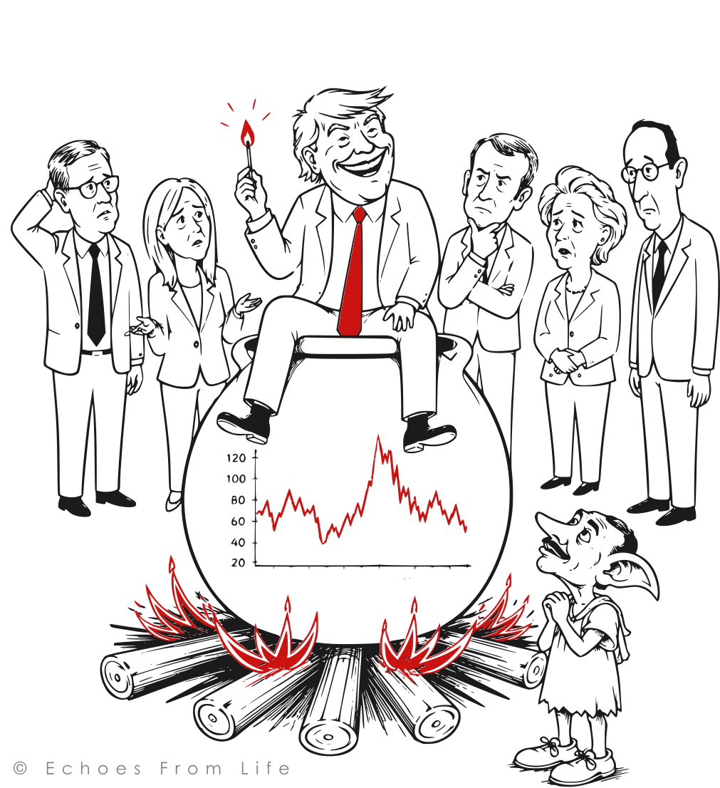 Political cartoon of Donald Trump holding a burning match while sitting on an earthen pot over a fire, surrounded by worried European leaders and an admiring Pakistani figure.