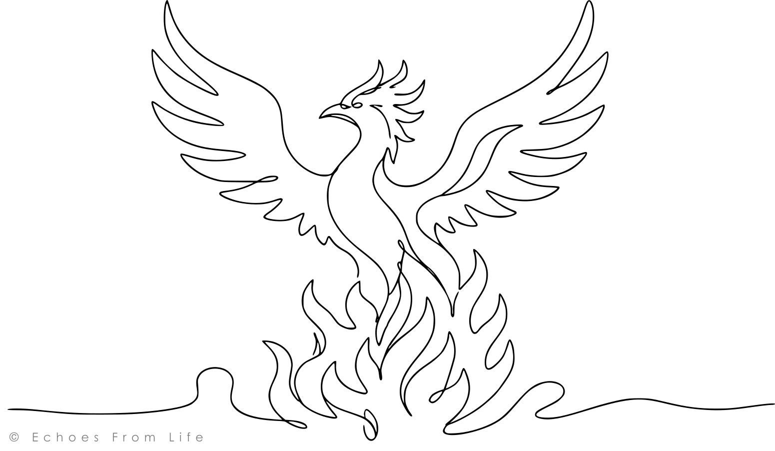 One-line continuous drawing of a phoenix rising from flames, symbolizing resilience, hope, and the fight to begin again after losing a livelihood.