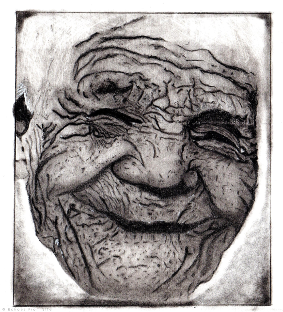 Hand-drawn charcoal portrait of a smiling elderly man with deeply lined wrinkles symbolizing experience, resilience, and a lifetime of stories.